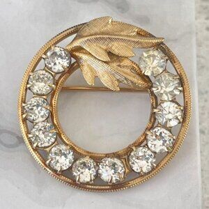 DCE 14K Gold Filled Clear Crystal Rhinestone Wreath Brooch